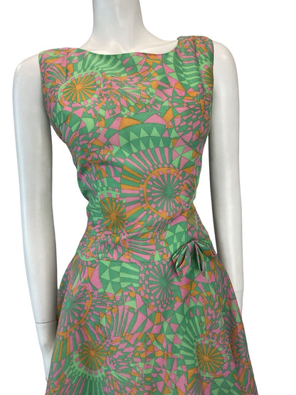 VTG 60S GEOMETRIC POP ART MOD GOGO SCOOTER MINI DRESS GREEN PINK ORANGE 8 10