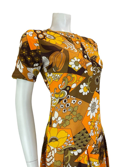 VTG 60S MOD GOGO ORANGE YELLOW BROWN FLORAL PLEATED T SHIRT SHORT SLEEVE DRESS 8