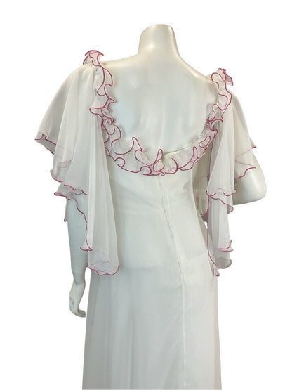 VTG 70s WHITE PINK FLORAL DETAIL ANGEL SLEEVE RUFFLE NECKLINE MAXI DRESS 10