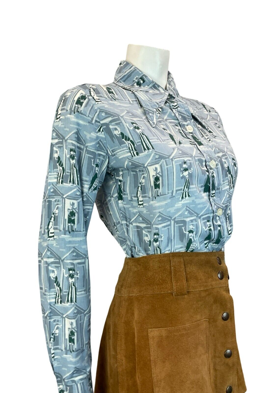 VTG EDWARDIAN PATTERN IMPRESSIONIST ABSTRACT DAGGER COLLAR BLUE SHIRT 10 12