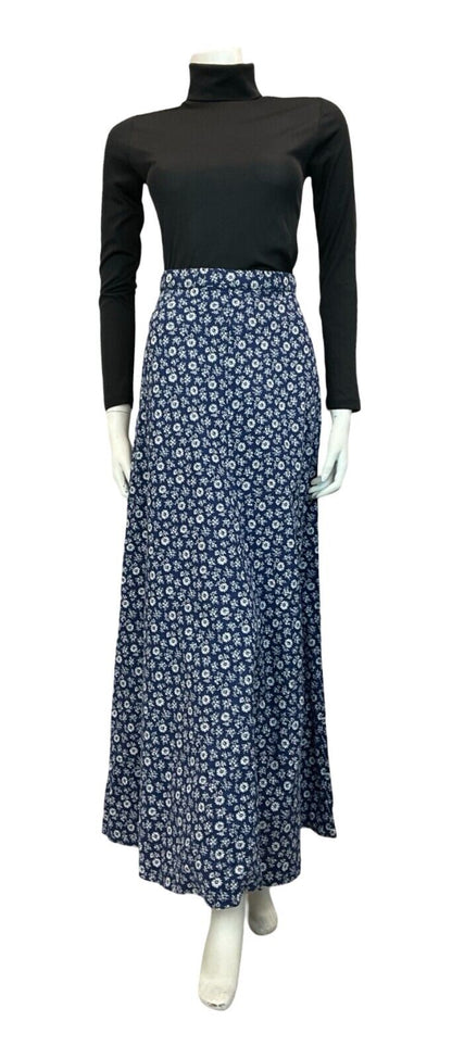 VTG 70S NAVY BLUE WHITE DAINTY FLORAL PATTERNED MAXI SKIRT SIZE 6