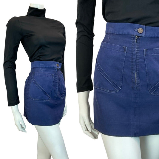 VTG NAVY BLUE DENIM SUPER MINI SKIRT WITH POCKETS SIZE 6 8