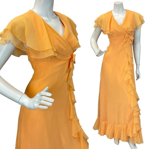 VTG 70S APRICOT CHIFFON ORANGE RUFFLE PROM PARTY CAPE MAXI DRESS 6 8