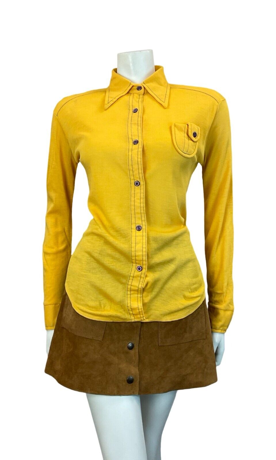 VTG 60S 70S YELLOW LONG SLEEVE SHIRT WITH DECORATIVE POCKET SIZE 8