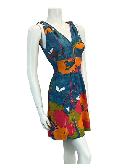 VTG 70S ABSTRACT FLORAL BRIGHT MINI SUMMER SUN DRESS 8 10