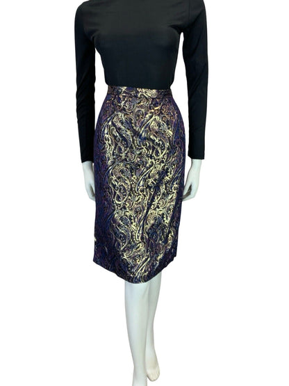 VTG 60S IRIDESCENT PURPLE BLUE GOLD MOD PARTY PSYCHEDELIC PENCIL SKIRT 8 10