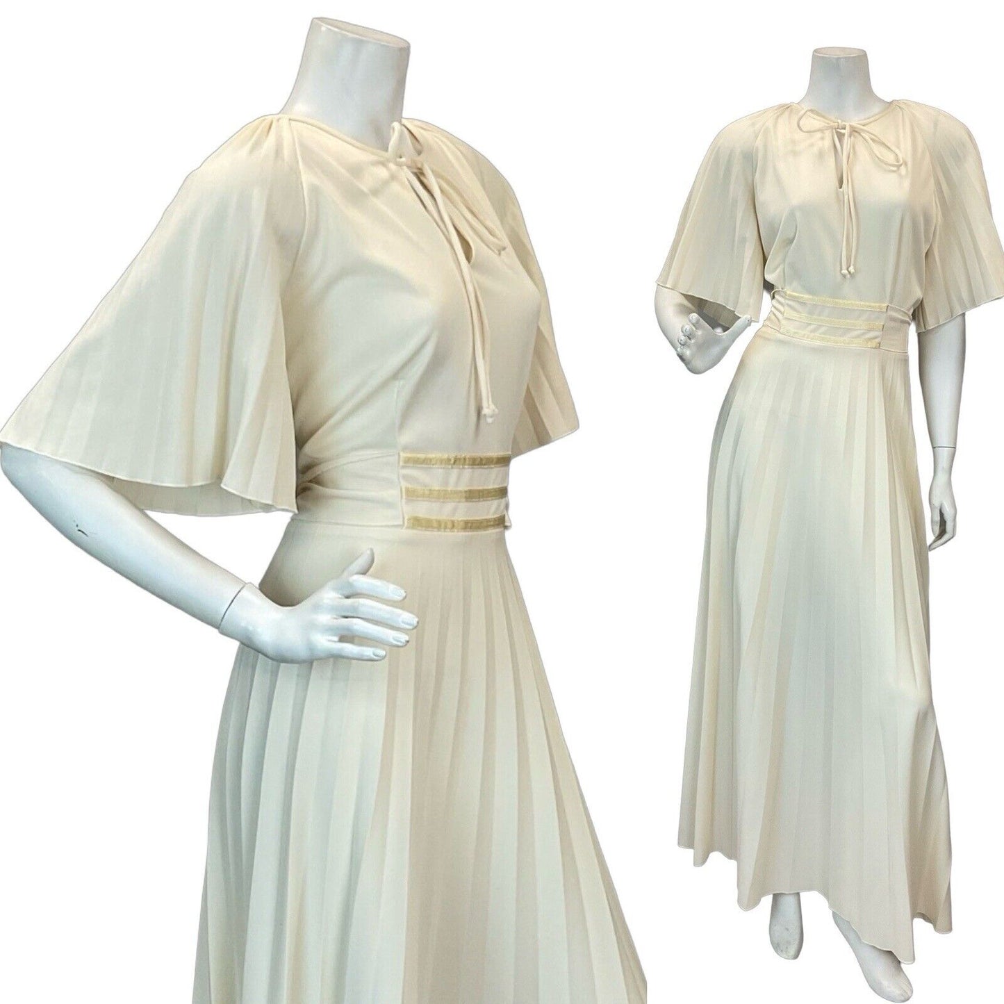 VTG 70s CREAM BOHO WEDDING BRIDAL ANGEL SLEEVE PLEATED MAXI DRESS 14 16