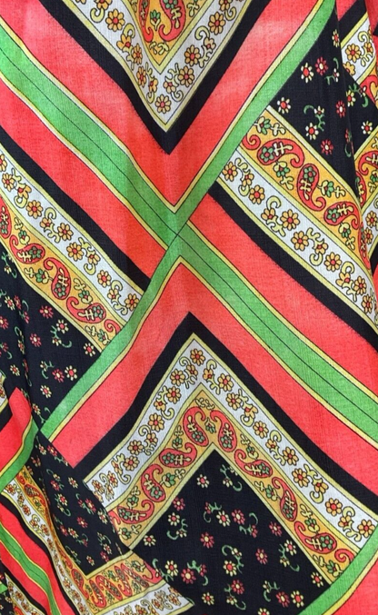 VTG 60S 70S PSYCHEDELIC PAISLEY KAFTAN MAXI DRESS RED GREEN BLACK YELLOW 10-12