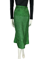 VTG 70S EMERALD GREEN GLITTERY LUREX MIDI SKIRT WITH SLIT SIZE 14