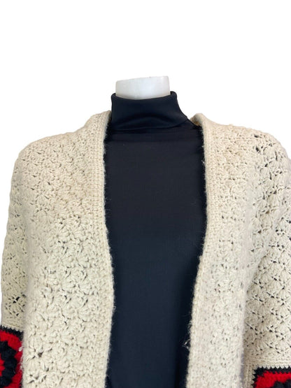 VTG 70S HAND KNIT CROCHET PATCHWORK RED BLUE CREAM NORDIC SCANDI CARDIGAN 10 12