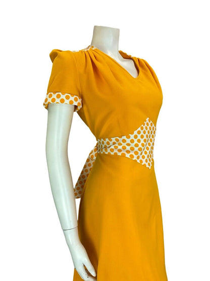 VTG 60S MINI MOD YELLOW WHITE POLKA DOT TIE WAIST SHORT SLEEVE MINI DRESS 12 14