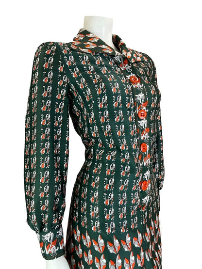 VTG 70S ART NOUVEAU ACORN GREEN ORANGE WHITE FLORAL SHIRT DRESS SIZE 12 14