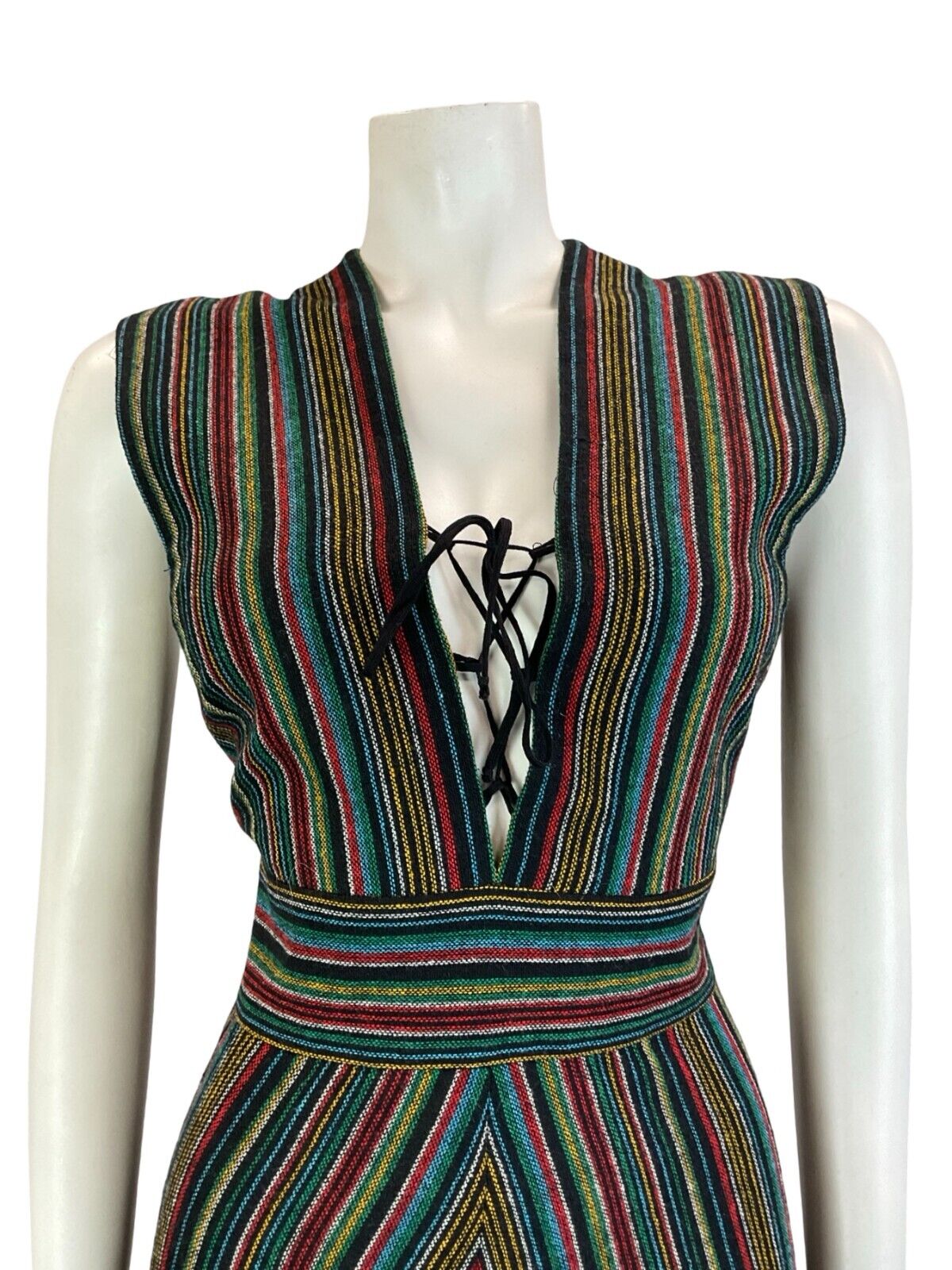 VTG 70S SWEDISH FOLK BLACK BLUE RED GREEN STRIPED TUNIC MIDI LACE UP DRESS 10