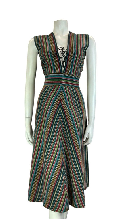 VTG 70S SWEDISH FOLK BLACK BLUE RED GREEN STRIPED TUNIC MIDI LACE UP DRESS 10