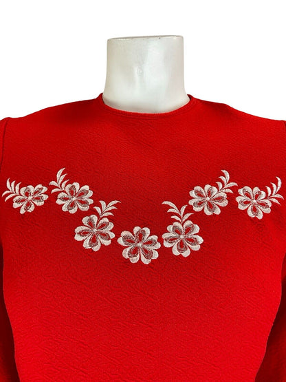 VTG 60S RED WHITE MOD GOGO FLOWER EMBROIDERED WESTERN LONG SLEEVE MINI DRESS 6