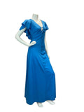 VTG 70S GLAM BLUE FLUTTER SLEEVE BACKLESS RUFFLE MAXI DRESS 10