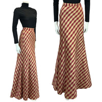 VTG 70S CREAM GOLD RED CHECKED PRAIRIE PARTY TAFFETA MAXI SKIRT SIZE 6 XS