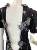 VTG 60s 70s BLACK MULTICOLOUR FLORAL BUTTERFLY SLEEVE MAXI DRESS 8