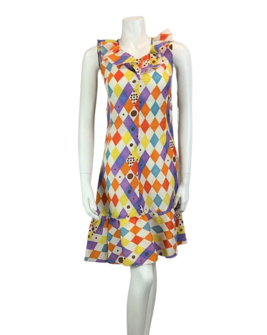 VINTAGE 60s 70s WHITE ORANGE RED YELLOW BLUE HARLEQUIN PRINT FRILLED DRESS 6