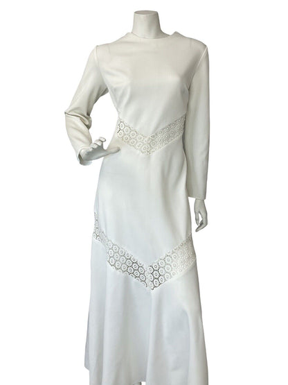 VTG 70S BOHO HIPPY WHITE LACE BRIDAL LONG SLEEVE MAXI DRESS 10 12