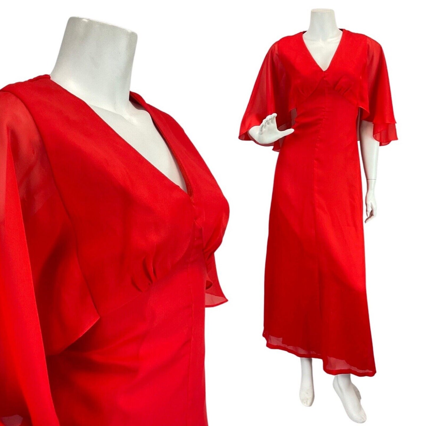 VINTAGE 60s 70s BRIGHT PILLARBOX RED SHEER FLOATY SUMMER MOD MAXI DRESS 8 10