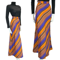 VTG 70S STRIPED PURPLE ORANGE GOLD BLACK GEOMETRIC PARTY MAXI SKIRT SIZE 2/4