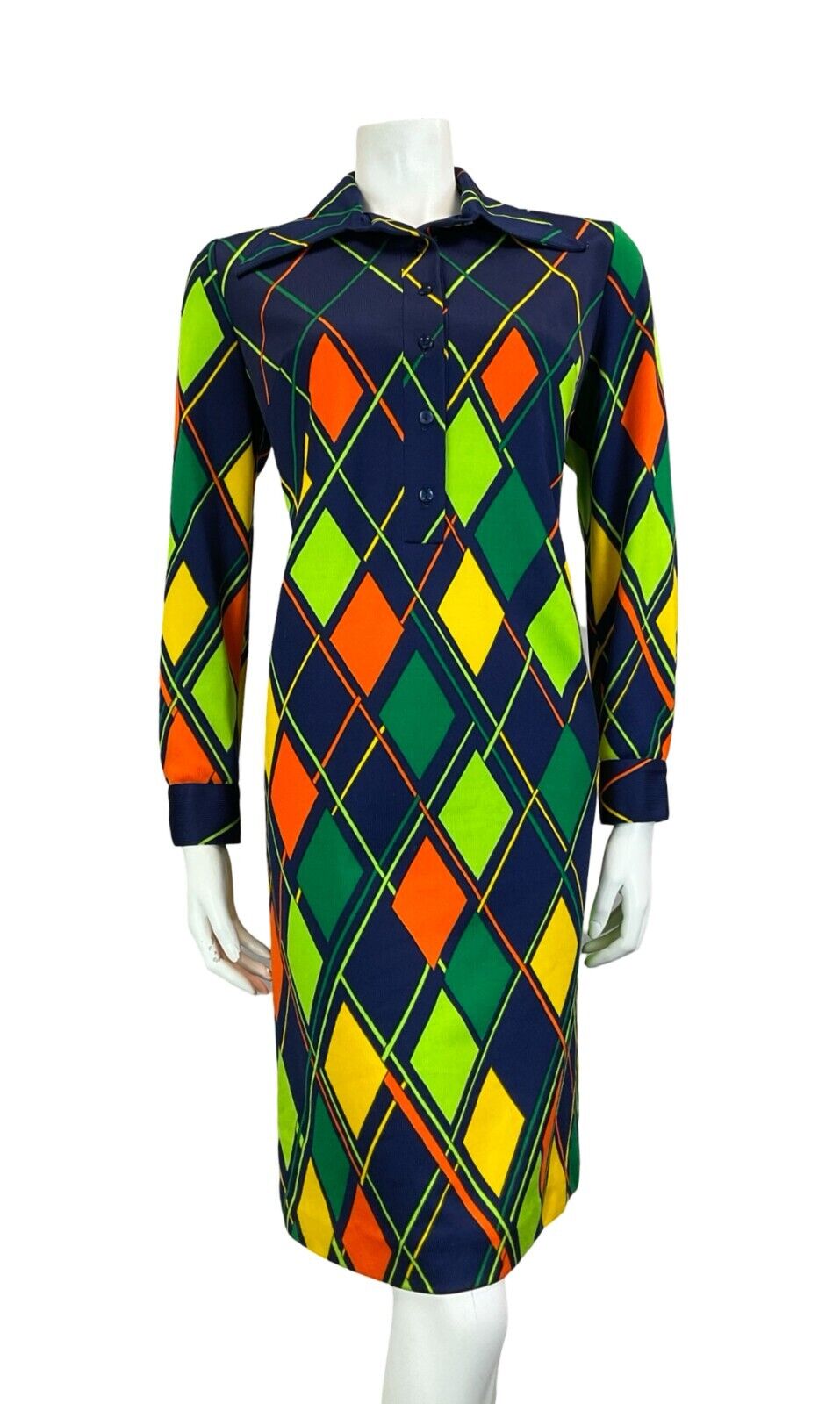 VTG 70S NAVY GREEN ORANGE YELLOW HARLEQUIN LONG SLEEVE SHIRT WING COLLAR DRESS M