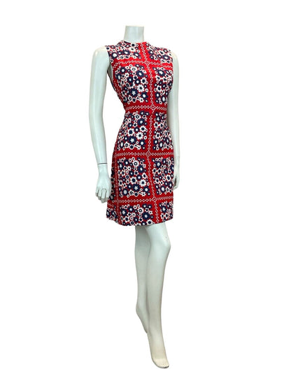 VTG 60S MOD GOGO SCOOTER DAISY SHIFT MINI DRESS RED BLUE WHITE 10 12