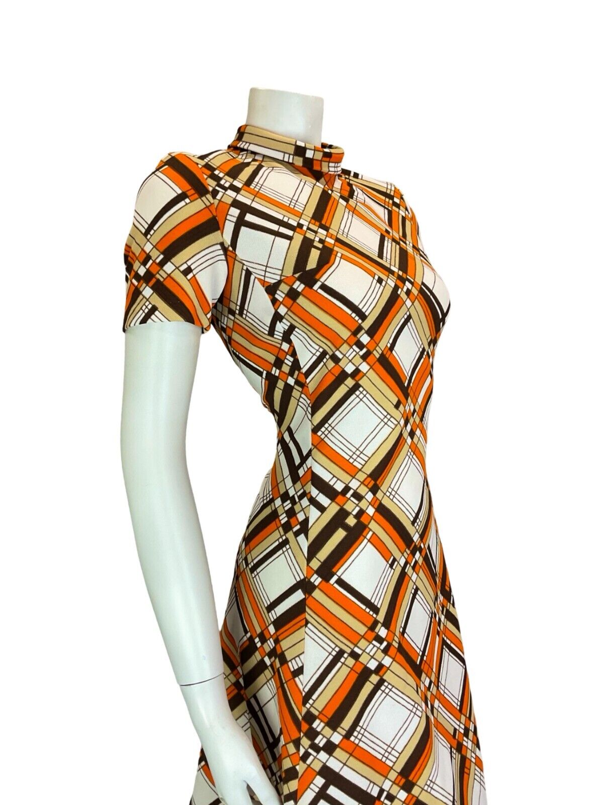 VTG 60S ORANGE WHITE BROWN MOD ROUNDED COLLAR SHORT SLEEVE MIDI DRESS SIZE 10