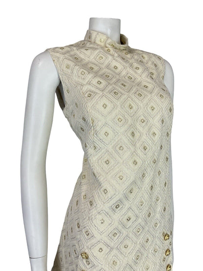 VTG 60S MOD GOLD CREAM FUNNEL NECK DIAMOND GEOMETRIC TUNIC PARTY DRESS M 12 14