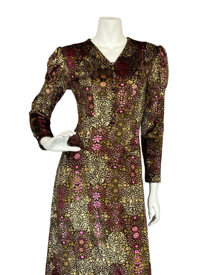 VTG 70S BOHO PRINCESS BROWN PINK DOTTY VELVET MUTTON SLEEVE V NECK MAXI DRESS 6