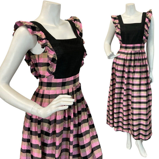 VTG 70S CHECK BLACK PINK PRAIRIE RUFFLE COTTAGECORE TAFFETA MAXI PROM DRESS 6 8