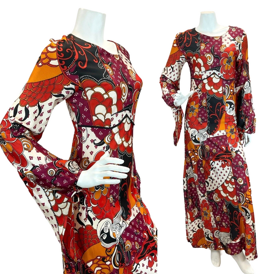 VTG 60s 70S ANGEL SLEEVE PSYCHEDELIC WIZARD MAXI DRESS ORANGE WHITE BURGUNDY 8