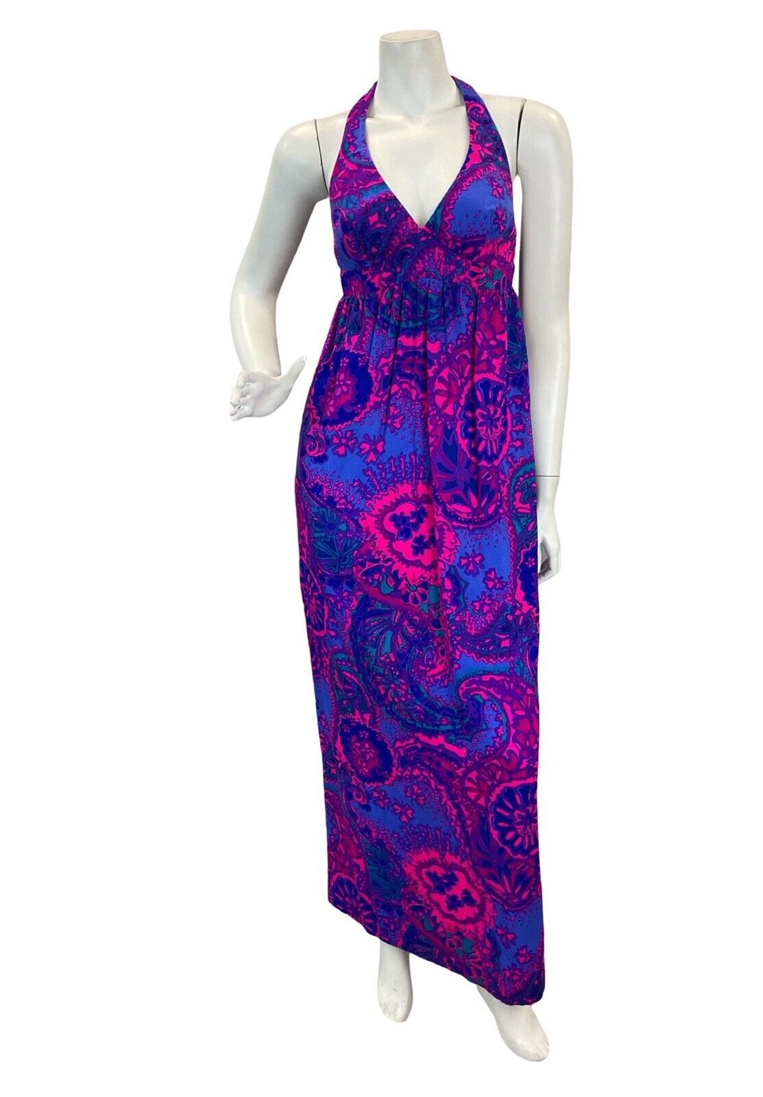 VTG 70s PINK PURPLE TRIPPY PAISLEY PSYCHEDELIC PATTERN BACKLESS MAXI DRESS 4 6