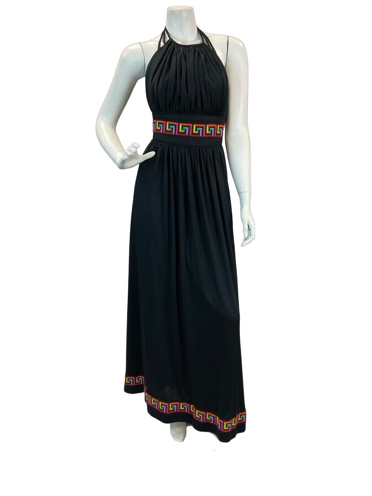 VTG 70S DISCO SUMMER BLACK MULTICOLOUR EMBROIDERED HALTERNECK MAXI DRESS 4