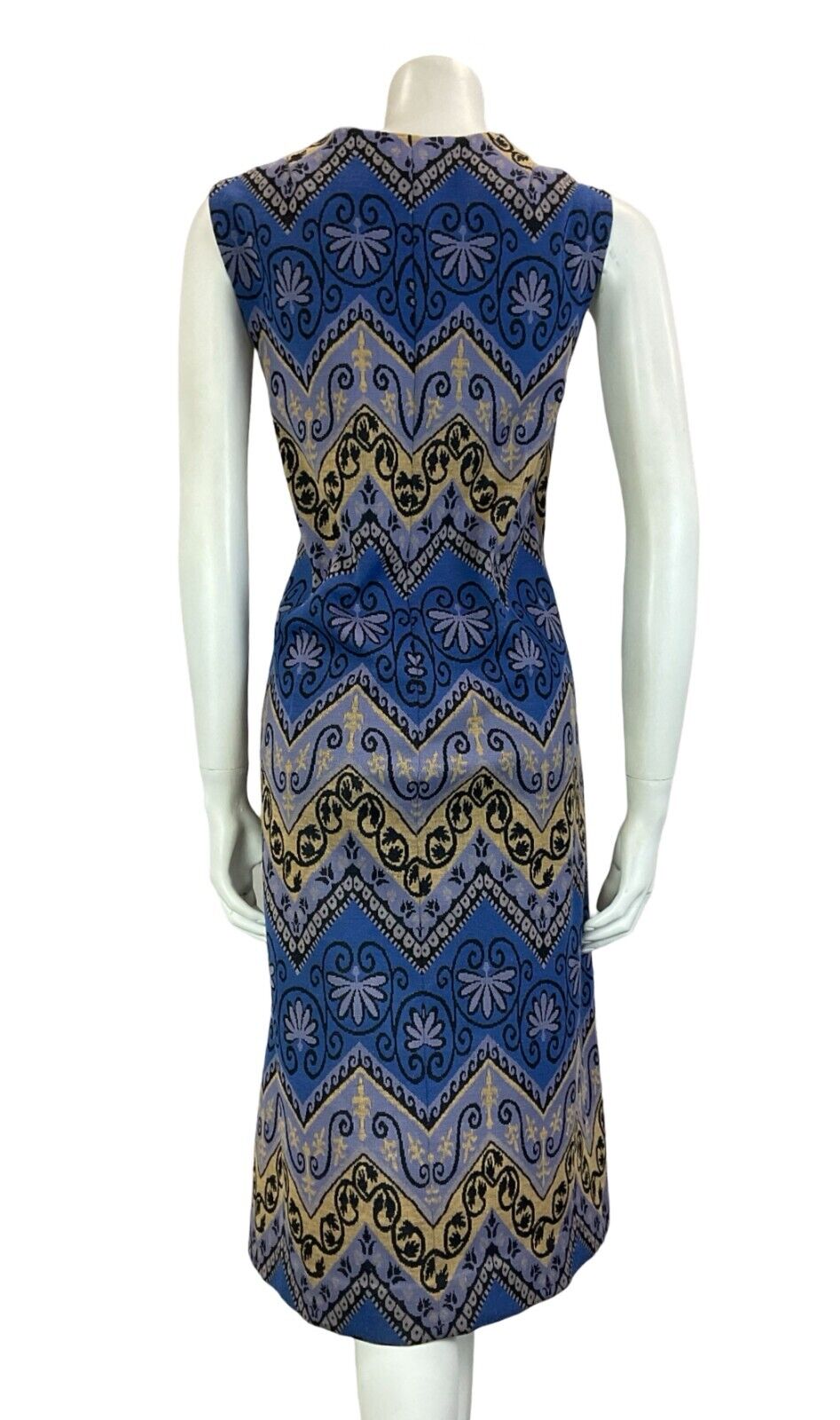 VTG 60S BLUE YELLOW BLACK SLEEVELESS BUTTON UP ZIG ZAG MIDI DRESS 16 18 L