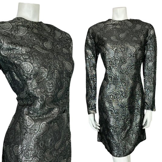 VTG 60S 70S GREY SILVER PAISLEY FLORAL BROCADE LONG SLEEVE PARTY MINI DRESS 14