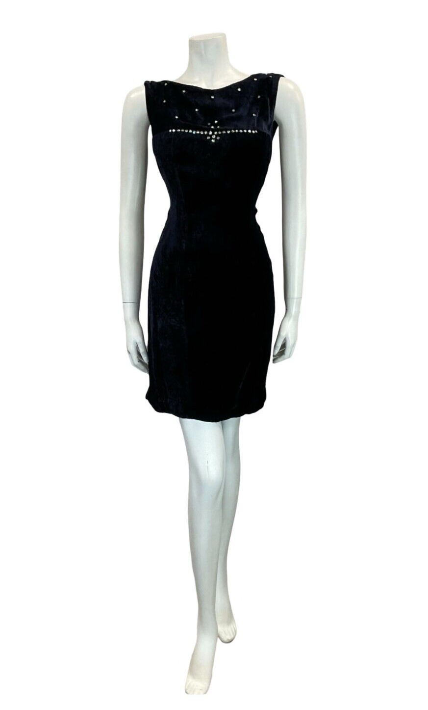 *needs close upVTG 60S NAVY BLUE HANDMADE VELVET DIAMANTE BOAT NECK MINI DRESS 8