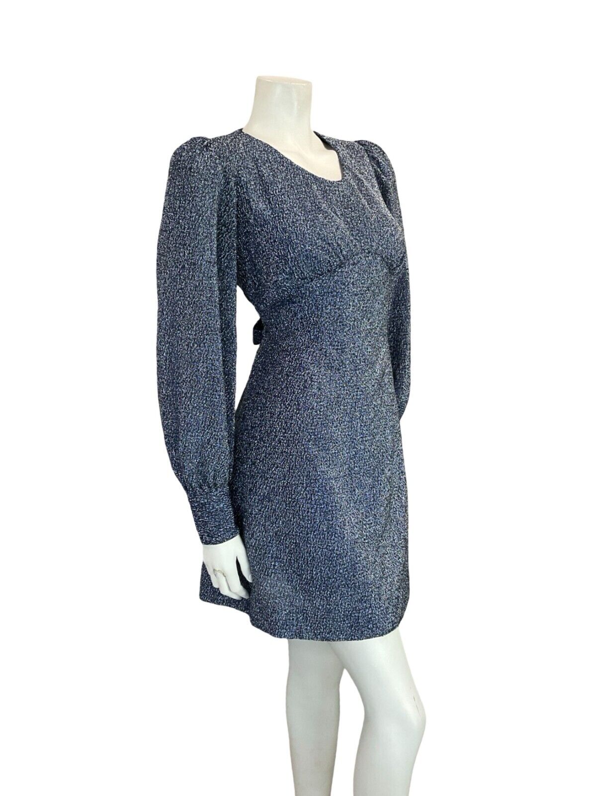 VTG 70S DISCO BLUE LUREX BISHOP SLEEVE TIE WAIST PARTY GLITTERY DRESS SIZE 6 8