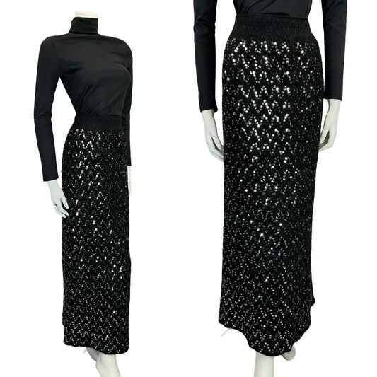 VTG 70S BLACK ZIG ZAG SEQUIN THICK KNITTED BLACK SILVER PARTY MIDI SKIRT 10 12