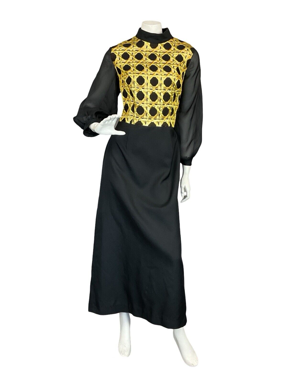 VTG 60S 70S BLACK GOLD MESH BALLOON SLEEVE GEOMETRIC PARTY EVENING MAXI DRESS 14