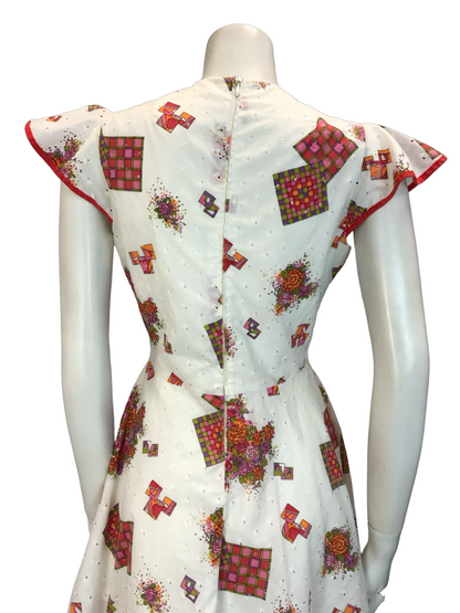 VTG 60S 70S FLORAL GEOMTRIC WHITE RED PINK ANGEL SLEEVE MINI DRESS SIZE 10