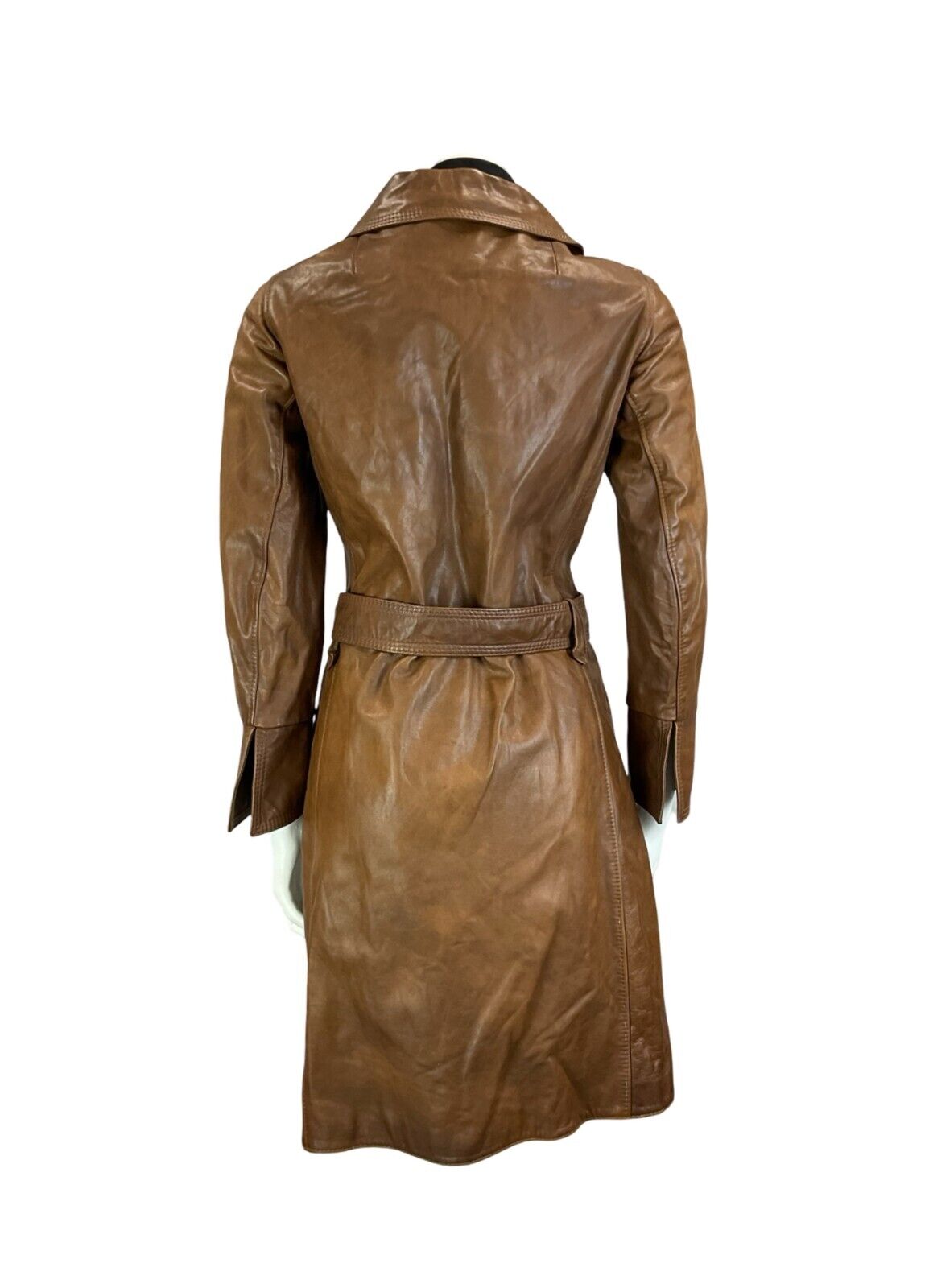 VTG 60S MILITARY TRENCH STYLE BELTED BROWN LEATHER JACKET SIZE 10