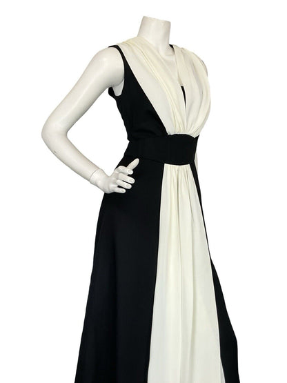 VTG 60S BLACK WHITE FLOATY RUCHED GRECO ROMAN EVENING MAXI DRESS M 12 14