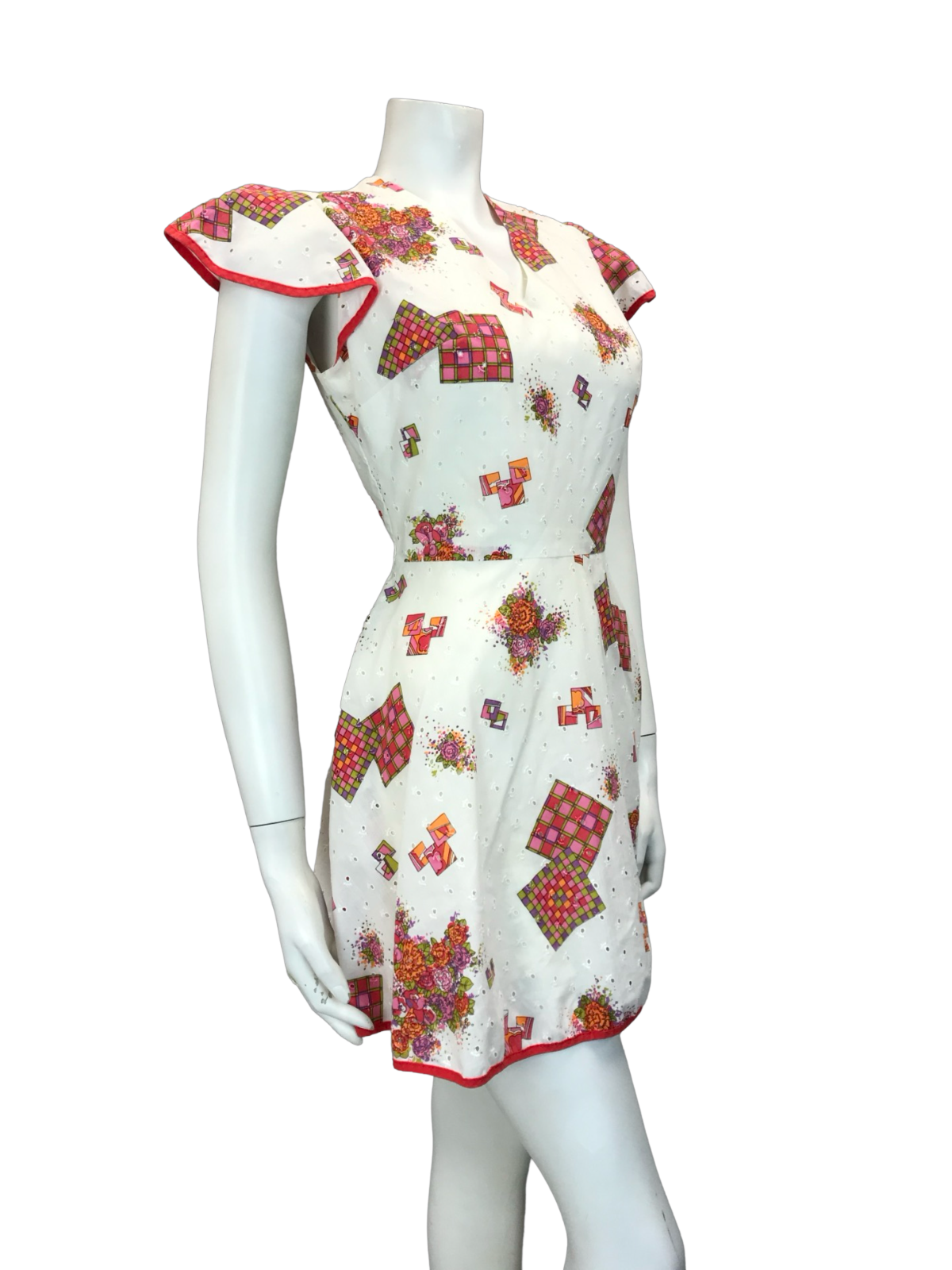 VTG 60S 70S FLORAL GEOMTRIC WHITE RED PINK ANGEL SLEEVE MINI DRESS SIZE 10