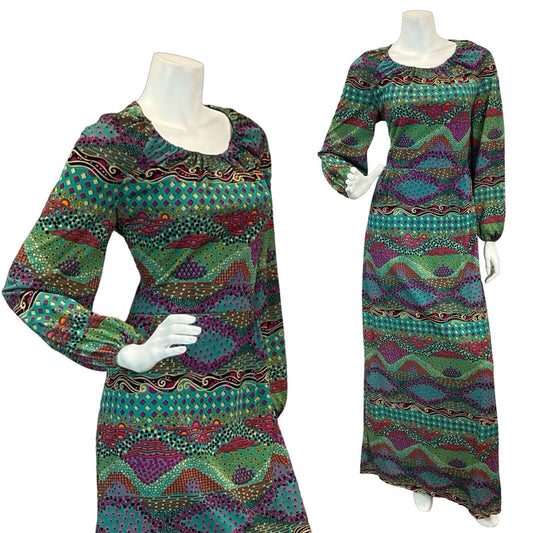 VTG 70S PSYCHEDELIC BLUE GREEN PURPLE PATTERN MAXI DRESS 10 12