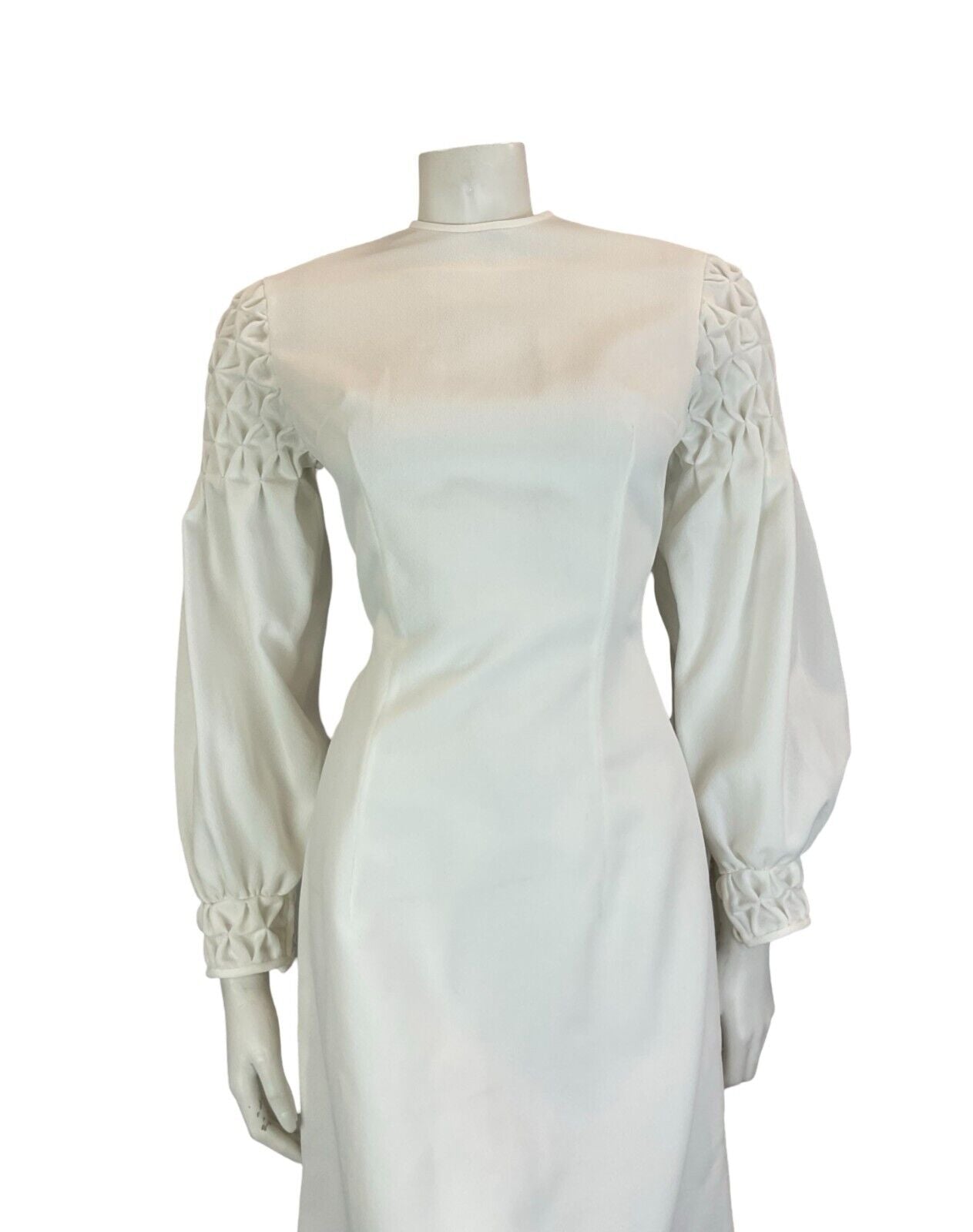 VTG 60S WHITE SMOCKING BALLOON SLEEVES ROUNDED NECKLINE BRIDAL DRESS 10