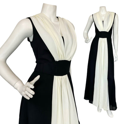 VTG 60S BLACK WHITE FLOATY RUCHED GRECO ROMAN EVENING MAXI DRESS M 12 14