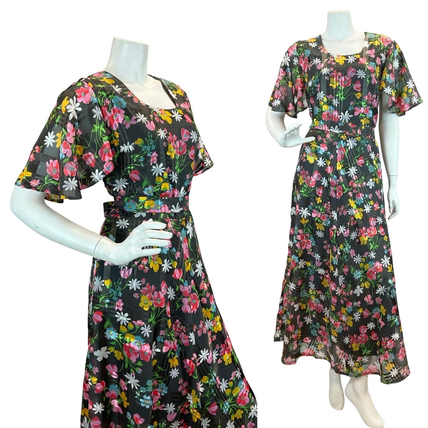 VTG 70S FLORAL DAISY BLACK PINK YELLOW BLUE FLUTTER SLEEVE BELTED MAXI DRESS 12