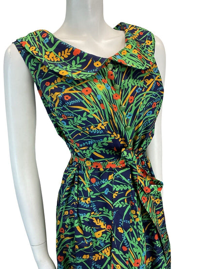 VTG 70S PETER PAN COLLAR FLORAL MIDI DRESS BLUE YELLOW ORANGE GREEN 16 18